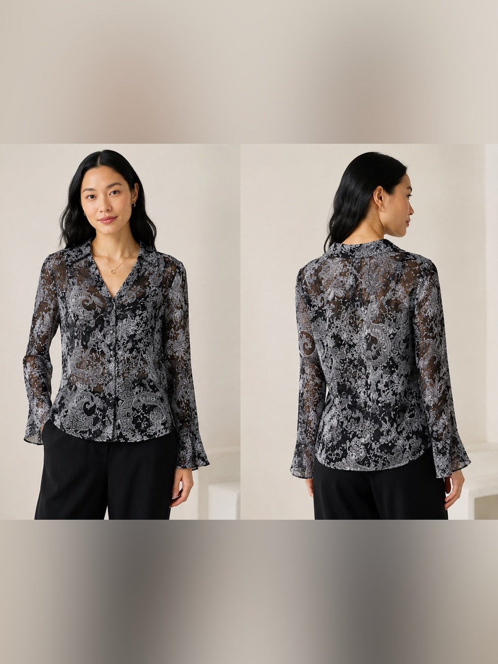 Charter club semi-sheer silk button up blouse with flare button sleeves & collar